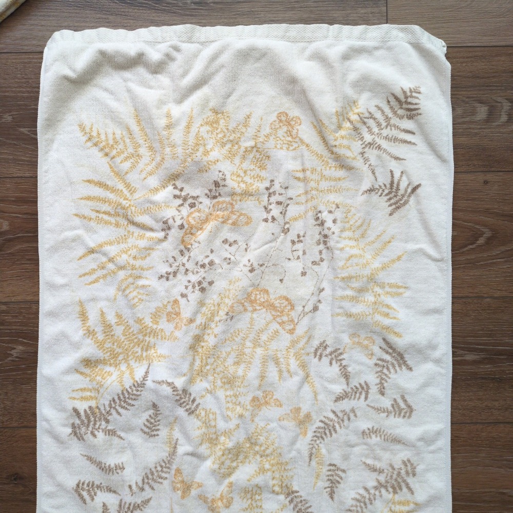 Vtg 70s Vera Neumann Bath Towels White Gold Butterfly Brown Fern MCM Set of 2 - Picture 7 of 9